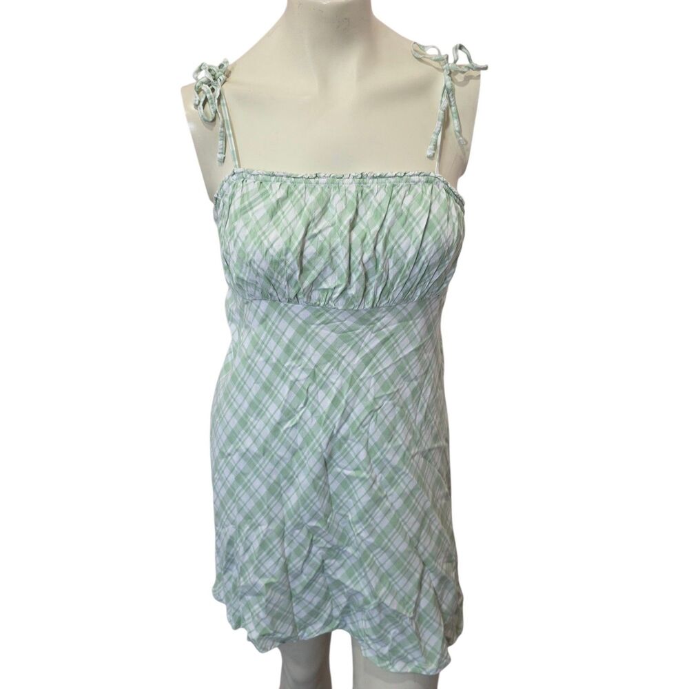 Hollister‎ Plaid Babydoll Mini Dress Green White Tie Strap Smocked Size M